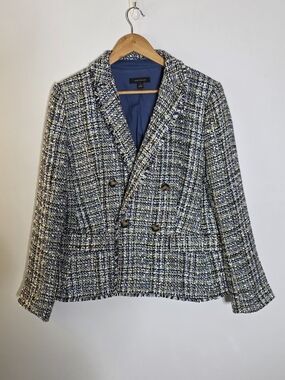 Ann Taylor double Breast Textured Tweed Blazer Blue/white lined career Casual